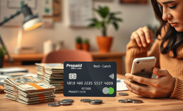 Illustration of a prepaid credit card with financial icons.