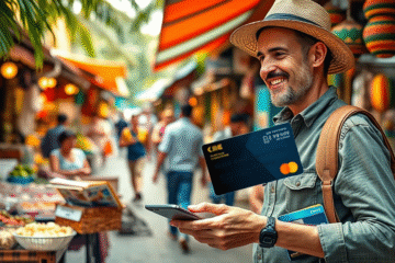 A traveler using an international credit card for purchases while exploring.