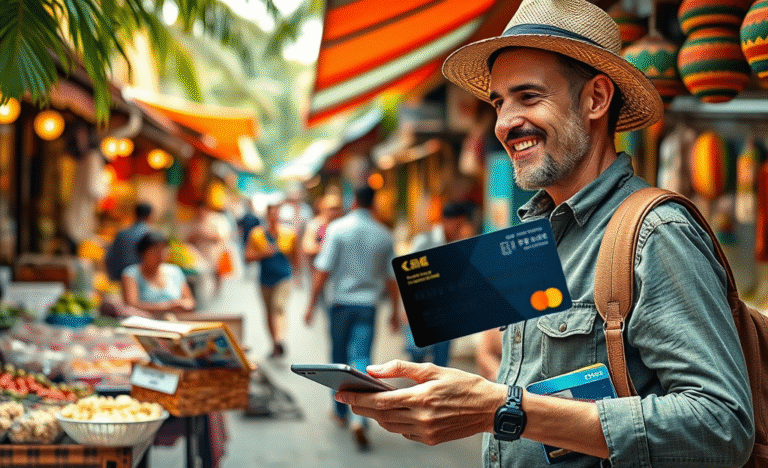 A traveler using an international credit card for purchases while exploring.