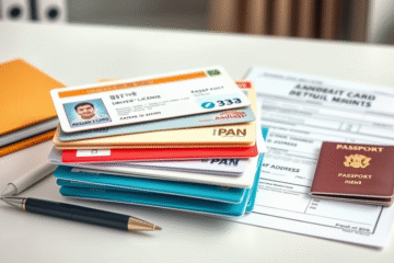 A collection of documents required to request a card, including ID and proof of income.
