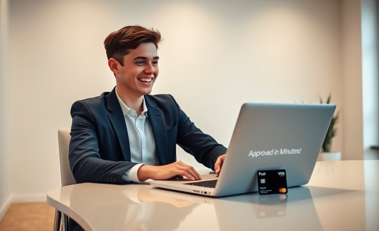 A person happily using a credit card with instant approval