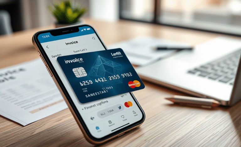 A modern credit card showcasing digital invoicing features through a user-friendly app.