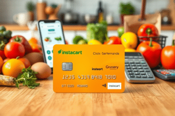 A visual representation of a credit card with discount offers at supermarkets and online shopping platforms.