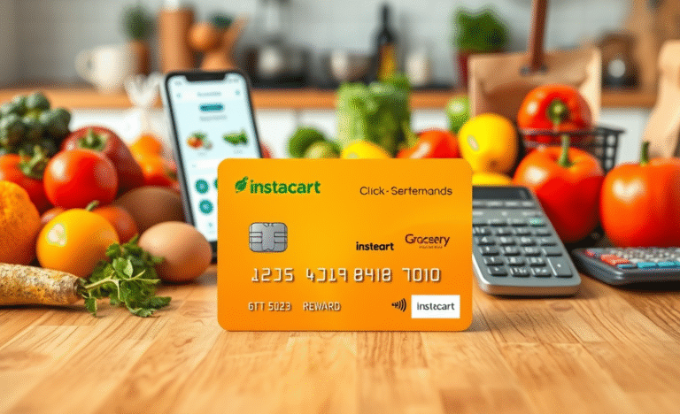 A visual representation of a credit card with discount offers at supermarkets and online shopping platforms.