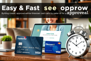 An illustration showing various credit cards highlighting ease and speed in approval.