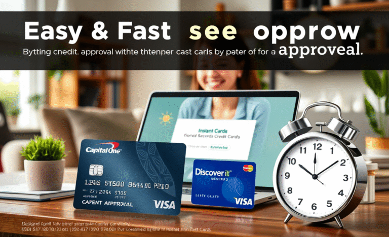 An illustration showing various credit cards highlighting ease and speed in approval.