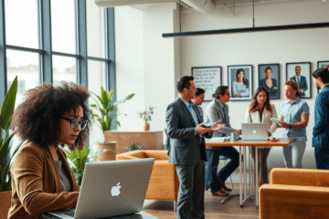 A professional setting at RBC Royal Bank showcasing employees collaborating and engaging in a diverse work environment.
