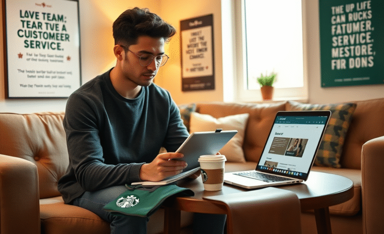 A person preparing for a job interview at Starbucks, reviewing company values and practicing interview questions.