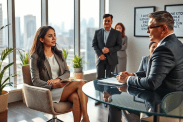 A professional preparing for a job interview in Canada, showcasing confidence and strategy.