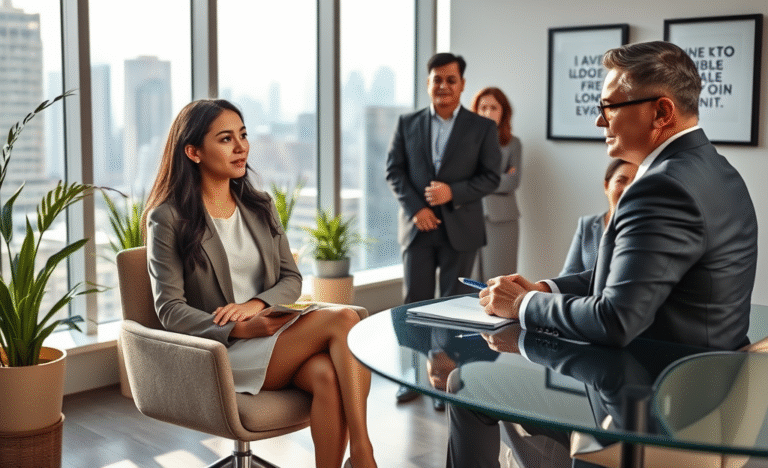 A professional preparing for a job interview in Canada, showcasing confidence and strategy.