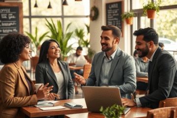 A professional networking event with individuals engaging in conversation.