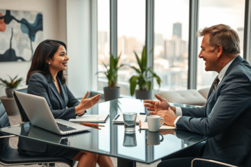 A professional discussing salary and benefits negotiations in a meeting.