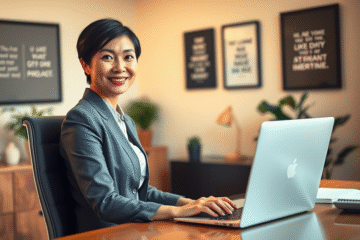 A professional preparing for an online interview with a laptop and a notepad.