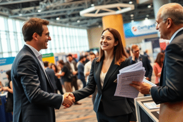 Person engaging with a recruiter at a job fair with tailored resumes.