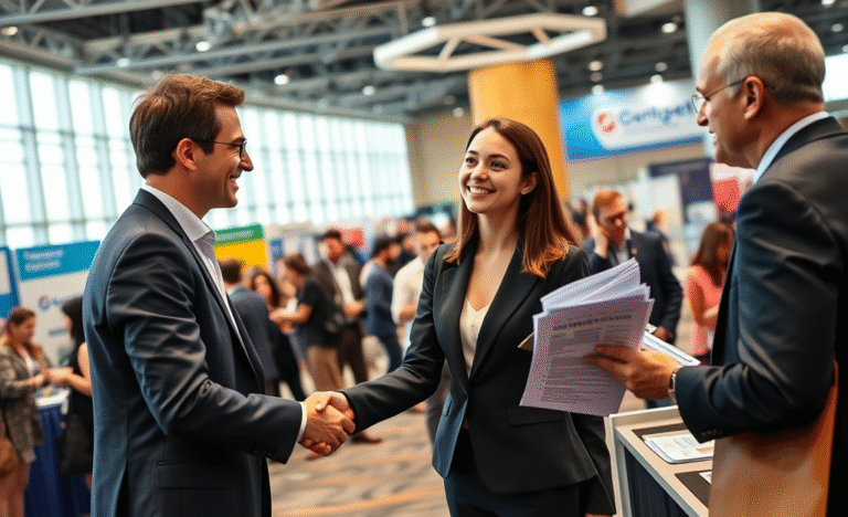 Person engaging with a recruiter at a job fair with tailored resumes.