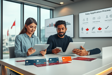 Two young adults at a Canadian financial office comparing credit cards by rewards, limits, and easy application features
