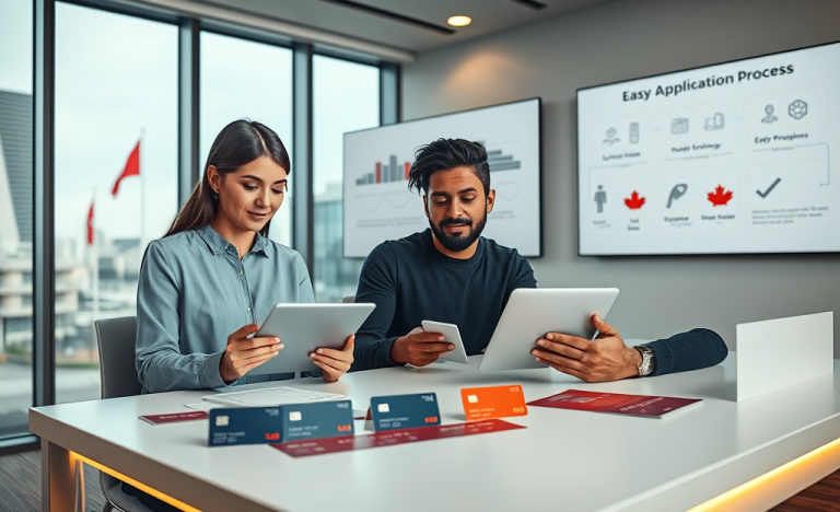 Two young adults at a Canadian financial office comparing credit cards by rewards, limits, and easy application features