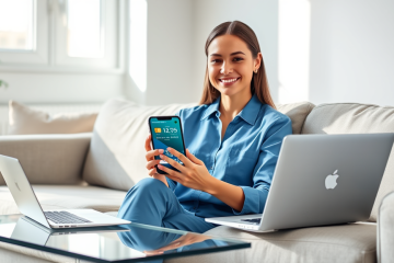 Young professional woman in modern living room using smartphone showing digital credit card with cashback and exclusive perks benefits