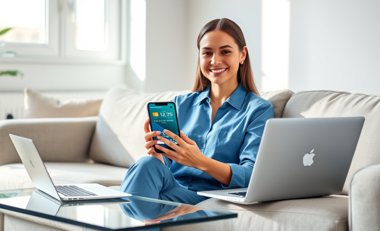 Young professional woman in modern living room using smartphone showing digital credit card with cashback and exclusive perks benefits
