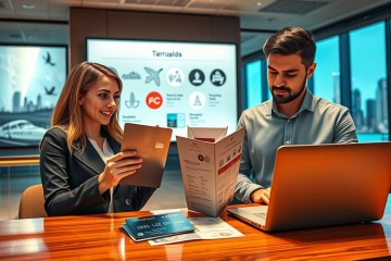 Young couple comparing premium travel reward credit cards at a modern Canadian financial center with travel benefit graphics in the background