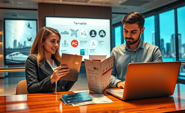 Young couple comparing premium travel reward credit cards at a modern Canadian financial center with travel benefit graphics in the background