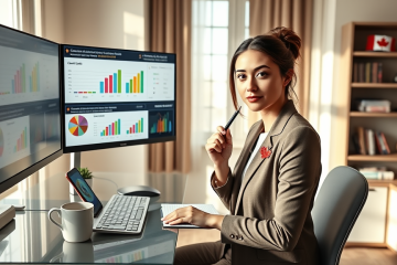 Young professional woman comparing cashback rewards credit card online in a well-lit Canadian home office with dual monitors and finance charts