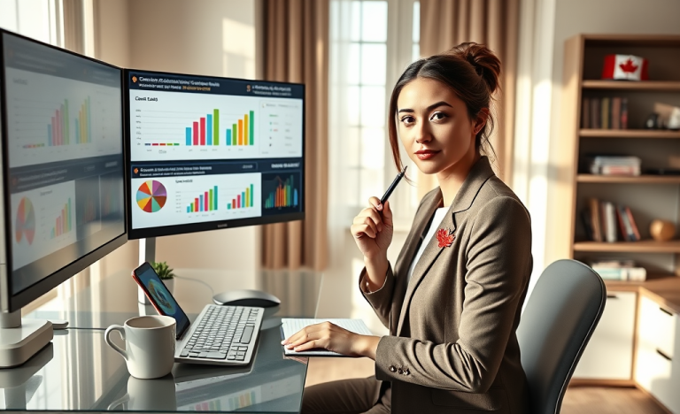 Young professional woman comparing cashback rewards credit card online in a well-lit Canadian home office with dual monitors and finance charts